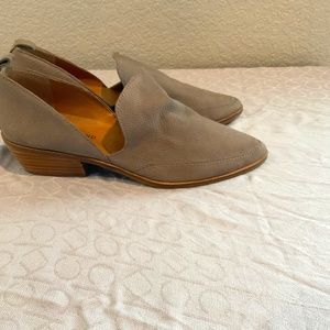 Lucky Brand bootie-shoe with deep cutout sides, and stacked block heel